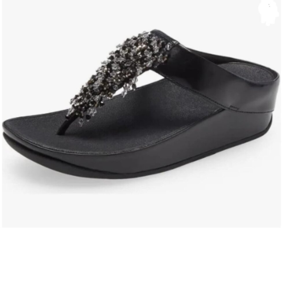 FYS Black Toe Post Slide Sandals Platform Flip Flops Beaded Thong Strap Mules